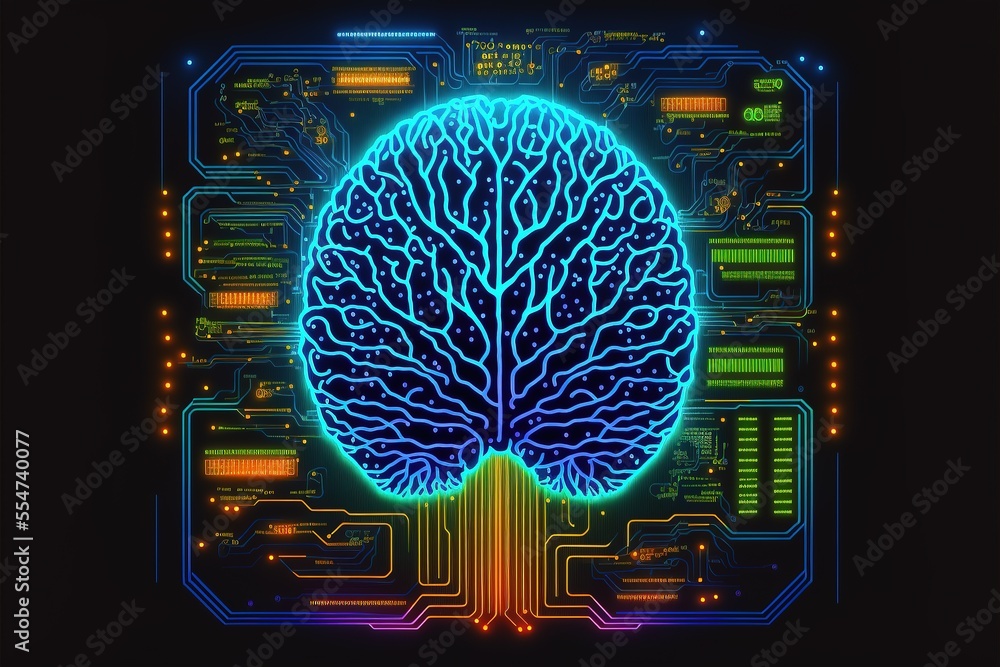 Aufkleber cyber brain, neon background. information processing and databases. high-tech data processing and tr
