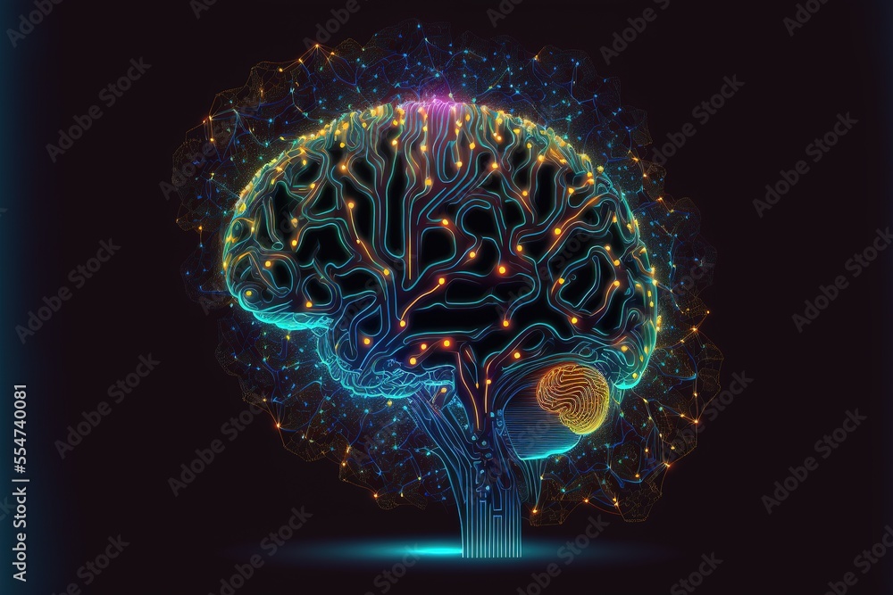 Aufkleber cyber brain, neon background. information processing and databases. high-tech data processing and tr