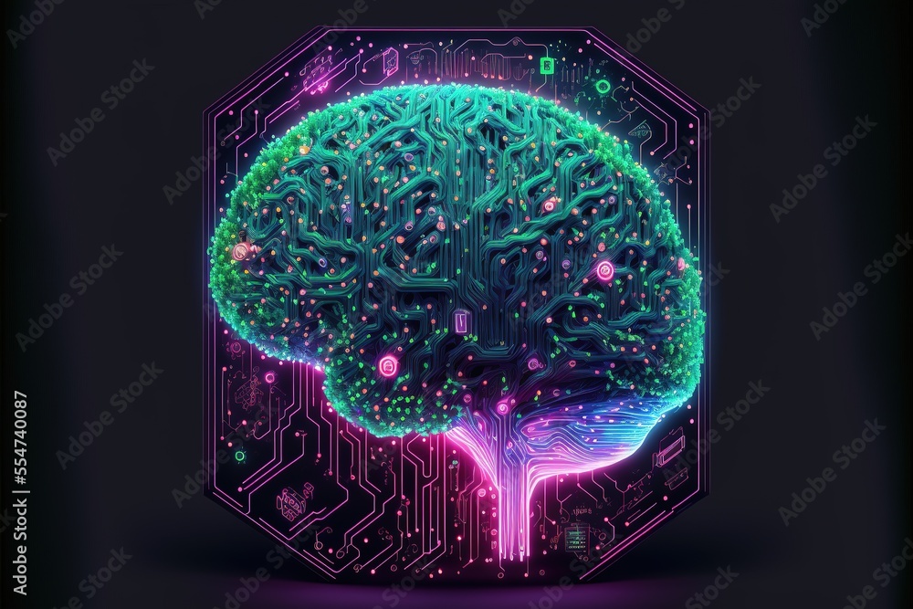 Aufkleber cyber brain, neon background. information processing and databases. high-tech data processing and tr