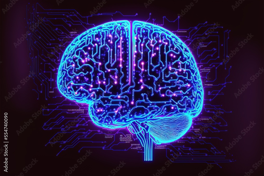 Aufkleber cyber brain, neon background. information processing and databases. high-tech data processing and tr