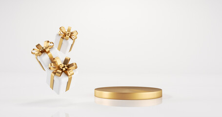 Modern, Trendy White And Golden Display With Gift Boxes. New Year, Christmas, Birthday, Prize Concept Empty Space Background For Product Promotion - 3D Illustration