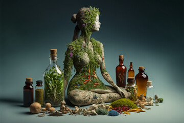 Natural herbal medicine, composition. Treatment with herbs. Herbs for weight loss, concept (Generative AI)