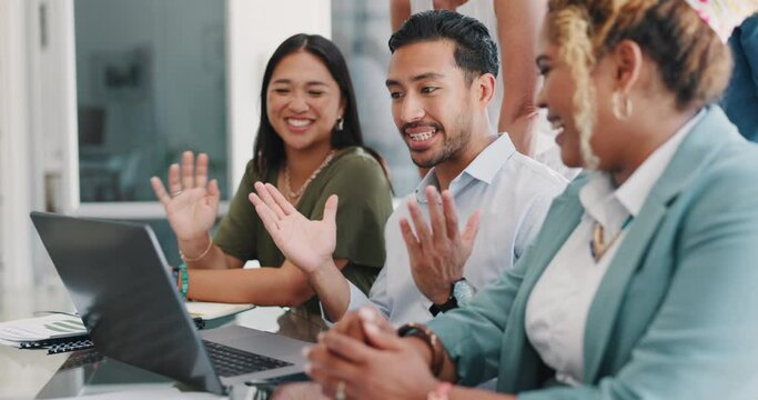 Video call, business people and wave hello, laptop and meeting with team and virtual with communication. Happy, diversity and business meeting with video conference and networking, staff in workplace