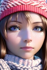 Fototapeta premium Beautiful woman portrait in front of a winter christmas tree Knit Turtleneck fleece Hat scarf in anime style digital painting illustration