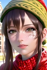 Obraz premium Beautiful woman portrait in front of a winter christmas tree Knit Turtleneck fleece Hat scarf in anime style digital painting illustration