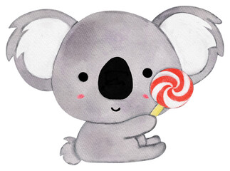 Cute baby koala bear with lolly pop.Cute cartoon animal watercolor illustration,png.