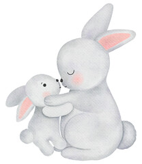 Obraz na płótnie Canvas Cute mom and baby bunny rabbit,white and gray color.Cute watercolor cartoon animalmon white background.