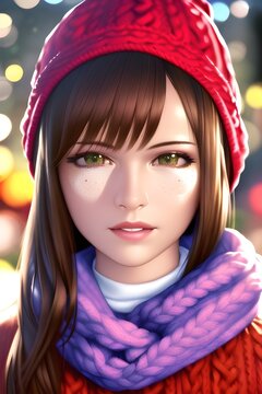 Beautiful woman portrait in front of a winter christmas tree Knit Turtleneck fleece Hat scarf in anime style digital painting illustration