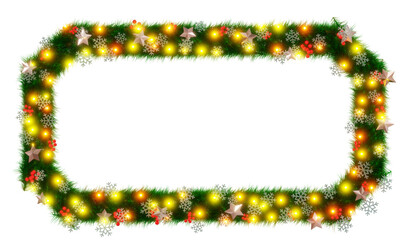 Beautiful christmas wreath with sparkling　illumination in the shape of beveled rectangle with snowflake and shiny stars and red berries on transparent background (RGBA 3D Rendering PNG)