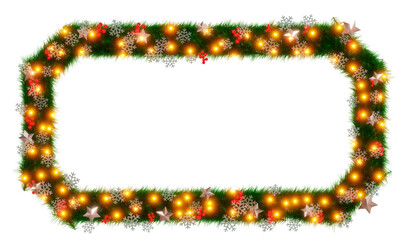 Beautiful christmas wreath with sparkling　illumination in the shape of beveled rectangle with snowflake and shiny stars and red berries on transparent background (RGBA 3D Rendering PNG)