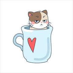 Cute cartoon character cat in a cup with a heart on it