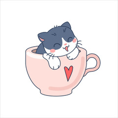 Cute cartoon character cat in a cup with a heart on it