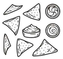 Nachos with guacamole for design. Nacho latin fast food. Traditional mexican food with chips and salsa souce for poster or banner