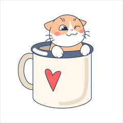 Cute cartoon character cat in a cup with a heart on it