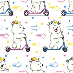 Polar bear cartoon playing with scooter seamless pattern design