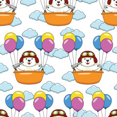 Polar bear cartoon flying with a balloon seamless pattern design