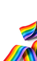 Colorful rainbow ribbon border design. LGBT colourful corner design, isolated on white background....