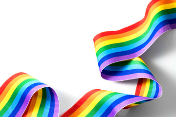 Colorful rainbow ribbon border design. LGBT colourful corner design, isolated on white background. Gay pride design. Curly, waving ribbon or banner with flag of LGBTQ pride art.  - obrazy, fototapety, plakaty