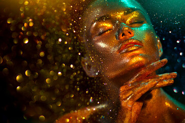 Fashion model woman skin face in bright sparkles, colorful neon lights, beautiful sexy girl portrait. Trendy glowing gold skin make-up. Art design make up. Glitter metallic shine golden green makeup - 554741440