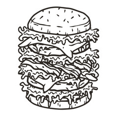 Burger with meat, cheese and vegetable for design of logo or emblem. American fast food or hamburger for label or poster. USA food with bun, lettuce, cheese, tomato, onion, cutlet for store