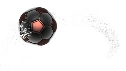 Black-Brown Soccer Ball with Diamond Water Particles under White Sky Lighting Background. 3D illustration. 3D high quality rendering. 3D CG.