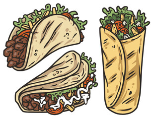 Taco vector set with meat and vegetable for design of logo or emblem. Traditional mexican fast food. Tacos Mexico food with tortilla, leaves lettuce, cheese, tomato, forcemeat, sauce.