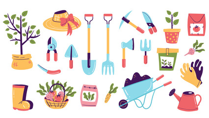 Agriculture garden tools farmer working gardening abstract concept set. Vector graphic design element illustration