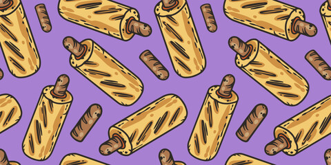 Seamless pattern with french hot dog for label or banner. Sausage in a bun with ketchup and mustard for fast food. Vector hotdog for design of street food