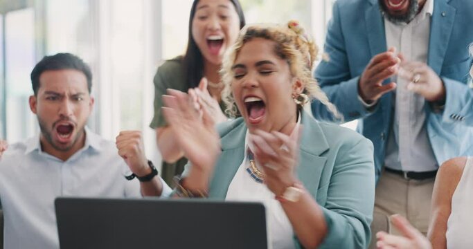 Winning, laptop and business team with success, applause and celebration in office for startup sales, profit and financial achievement. Winner, bonus and yes of corporate people manager on a laptop
