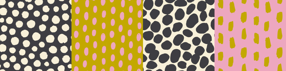 Abstract ink splatter seamless pattern illustration set. Modern minimalist art print background collection. Hand drawn brush stroke backdrop. Fashion fabric, artistic texture design.