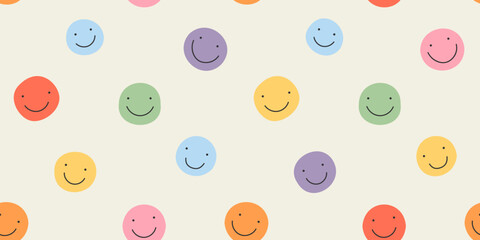 Diverse colorful happy face seamless pattern illustration. Multi color rainbow cartoon character faces in funny children doodle style. Friendly community or kid group background concept.