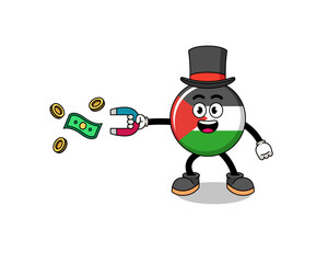 Character Illustration of palestine flag catching money with a magnet