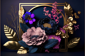 Maximalistic floral modern volumetric art background. Golden and pink flowers on a dark blue background. AI
