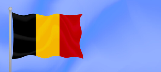 Flag of Belgium waving against the blue sky. Horizontal banner design with Belgium flag with copy space. Vector illustration