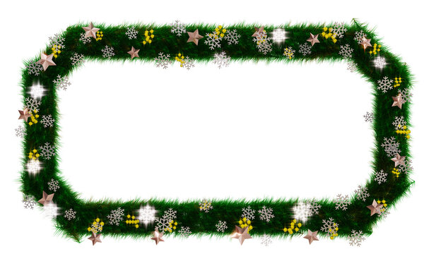  Beautiful christmas wreath in the shape of beveled rectangle with snowflakes, shiny stars and berries in the dim light on transparent background (RGBA 3D Rendering PNG)