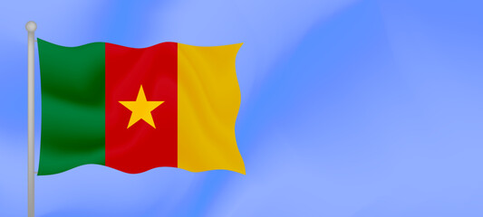 Flag of Cameroon waving against the blue sky. Horizontal banner design with Cameroon flag with copy space. Vector illustration