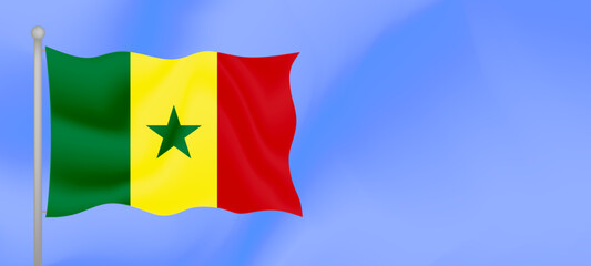 Fototapeta na wymiar Flag of Senegal waving against the blue sky. Horizontal banner design with Senegal flag with copy space. Vector illustration