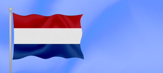 Flag of Netherlands waving against the blue sky. Horizontal banner design with Netherlands flag with copy space. Vector illustration