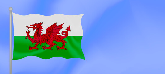Flag of Wales waving against the blue sky. Horizontal banner design with Wales flag with copy space. Vector illustration