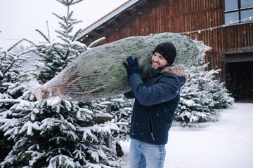 Handsome bearded man holding wrapped Christmas tree on fair. Happy male bring fir tree.