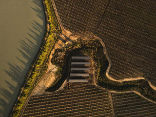 Aerial view of solar power plant solar panels on vineyard. Electric panels for producing clean...