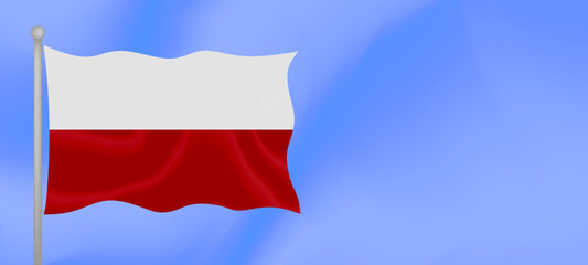 Flag of Poland waving against the blue sky. Horizontal banner design with Poland flag with copy space. Vector illustration