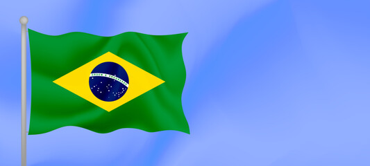 Flag of Brazil waving against the blue sky. Horizontal banner design with Brazil flag with copy space. Vector illustration
