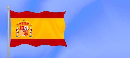 Flag of Spain waving against the blue sky. Horizontal banner design with Spain flag with copy space. Vector illustration