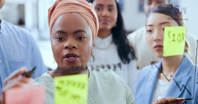 Black woman, face or sticky notes writing in business meeting, marketing strategy or advertising planning. Talking creative designer, schedule management or training workshop for teamwork diversity