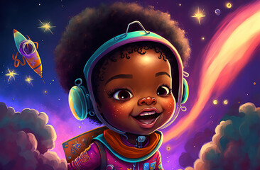 Cartoon black girl space explorer. sketch art for artist creativity and inspiration. generative AI