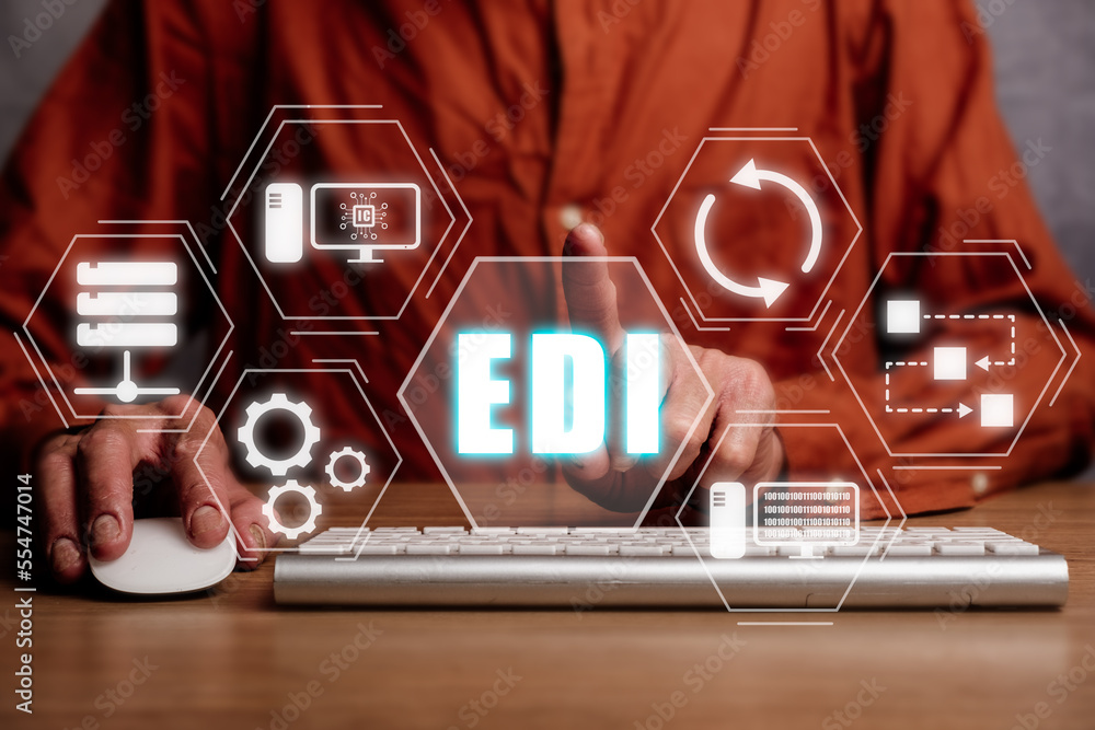 Poster edi-electronic data interchange concept, person using computer on office desk with virtual screen ed