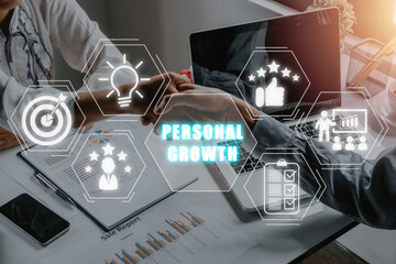 Personal growth concept, Business team making handshake with his partner in office desk with...