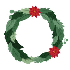 Vector illustration сhristmas green wreath with poinsettia flower.