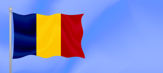 Flag of Romania waving against the blue sky. Horizontal banner design with Romania flag with copy space. Vector illustration